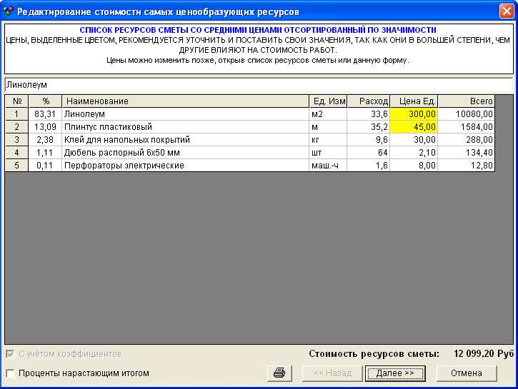 Форма выбора самых дорогостоящих материалов